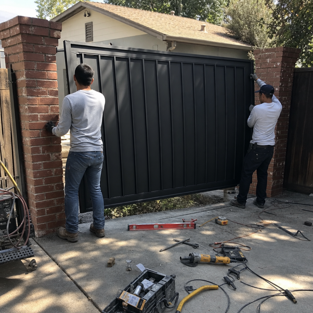 Workers install a black metal gate between brick pillars