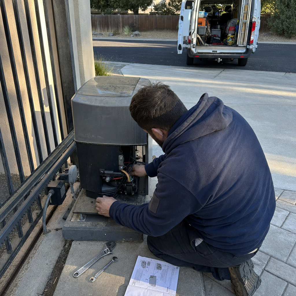 Technician repairing gate motor and opener with service van