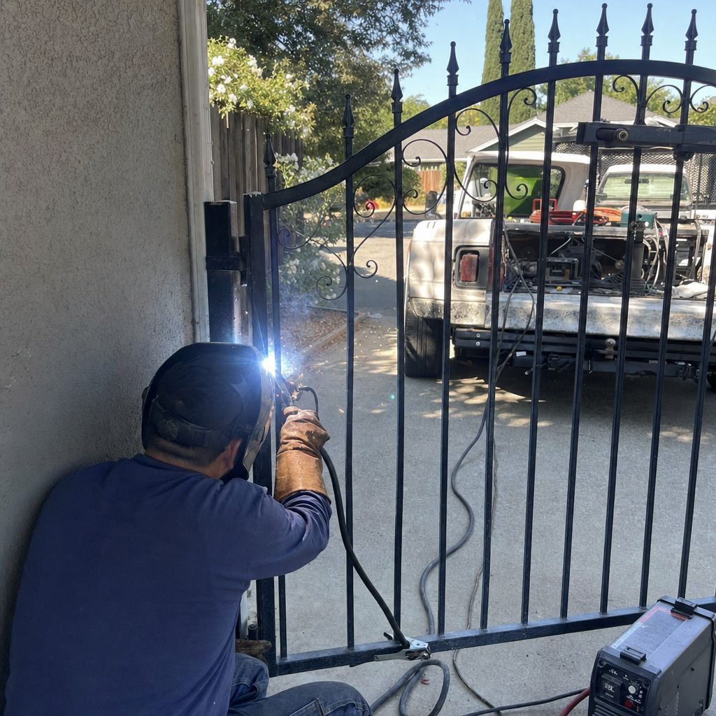 Welder repairing a black metal gate