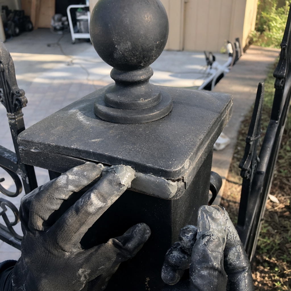 Gate repair professional applying sealant to black metal gate post