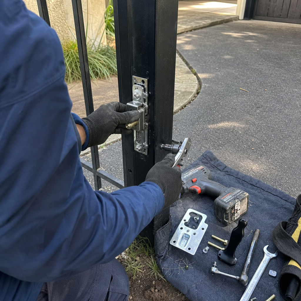 Gate lock repair by a technician with tools and drill
