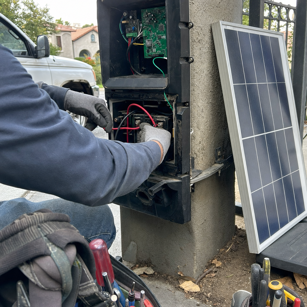 Gate access control wiring repair by technician in Sacramento, CA