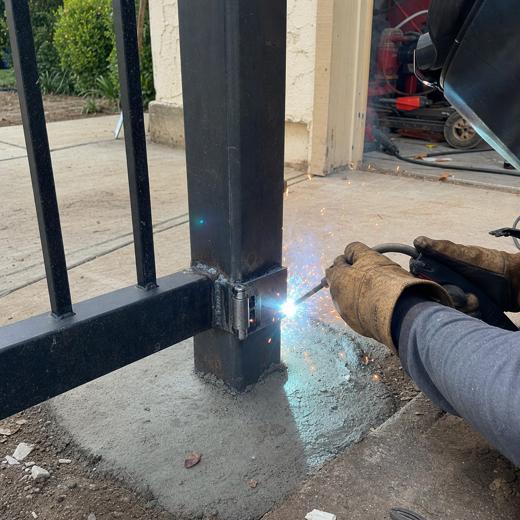 Welder installs gate hinge on black metal post