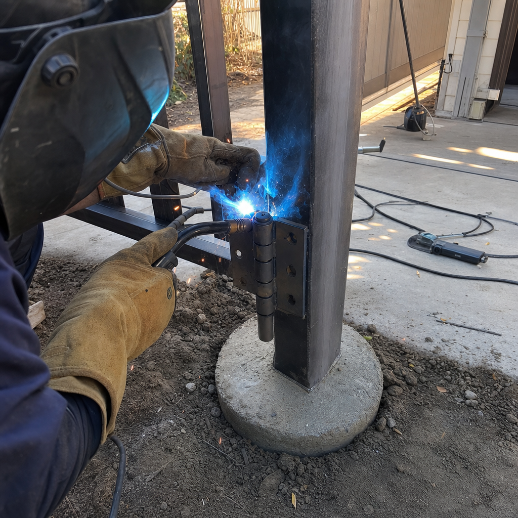 Welder installs gate hinge on metal post with sparks flying in Sacramento, CA