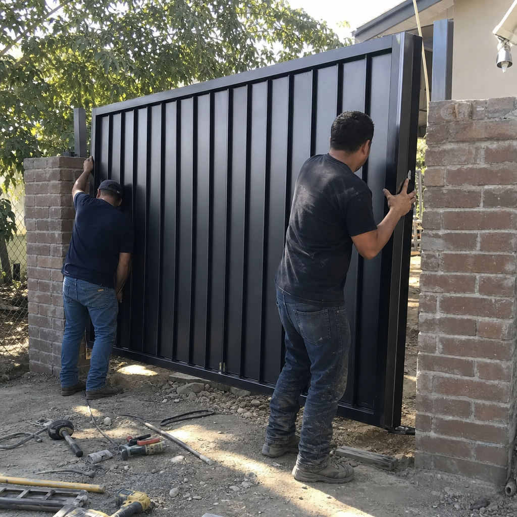 Workers install a black metal gate between brick pillars