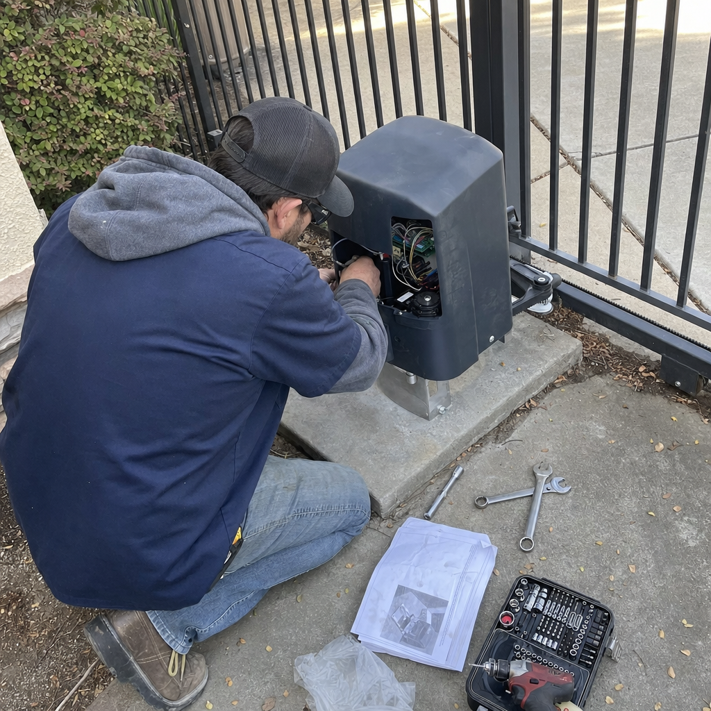 Technician installing gate motor and opener system in Sacramento, CA