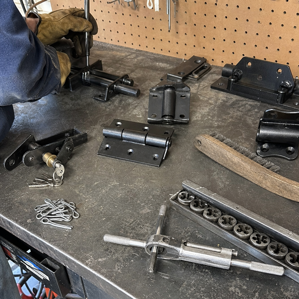 Gate parts, welding tools, and hands working on a workbench in Sacramento, CA