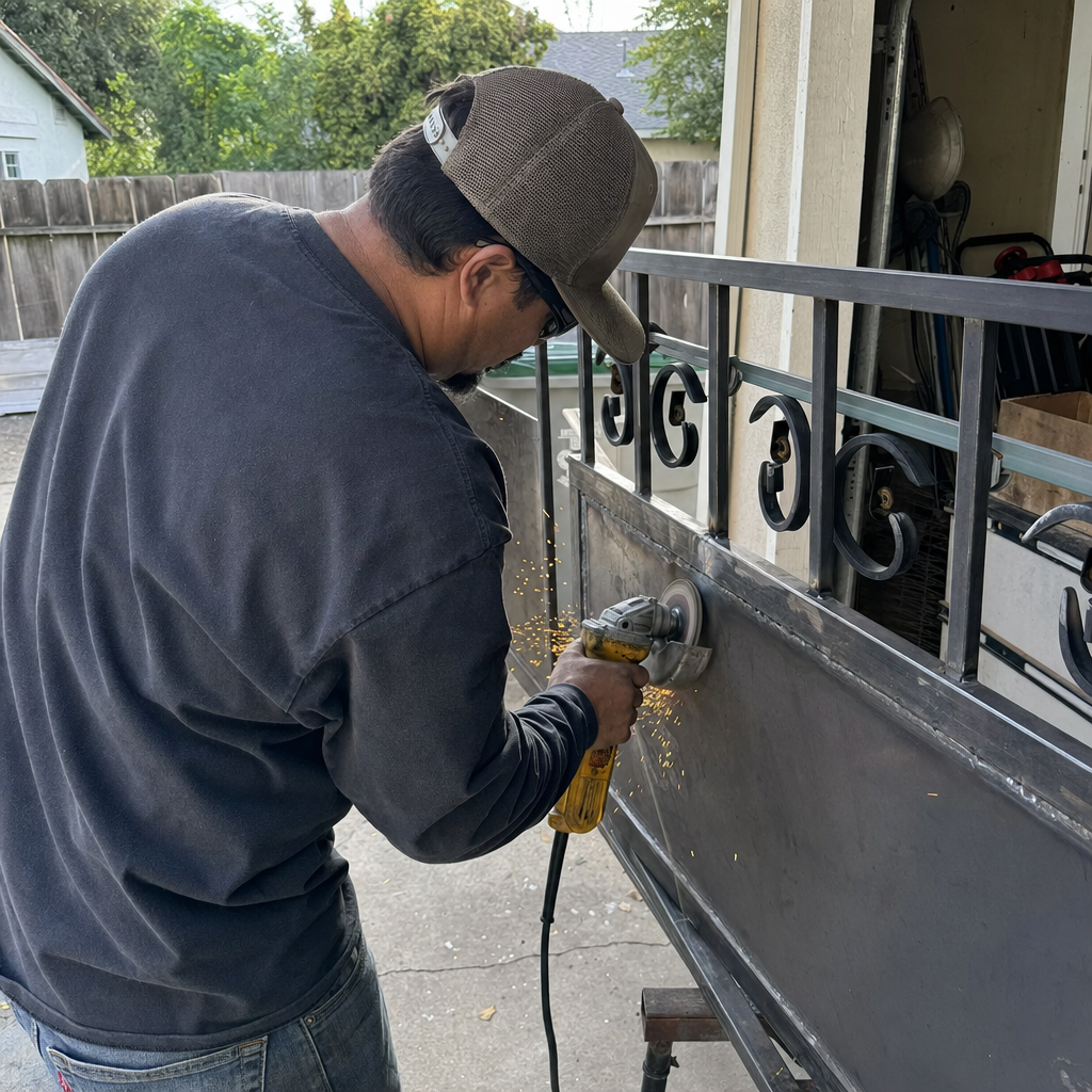Metalworker grinding gate parts with angle grinder in Sacramento, CA