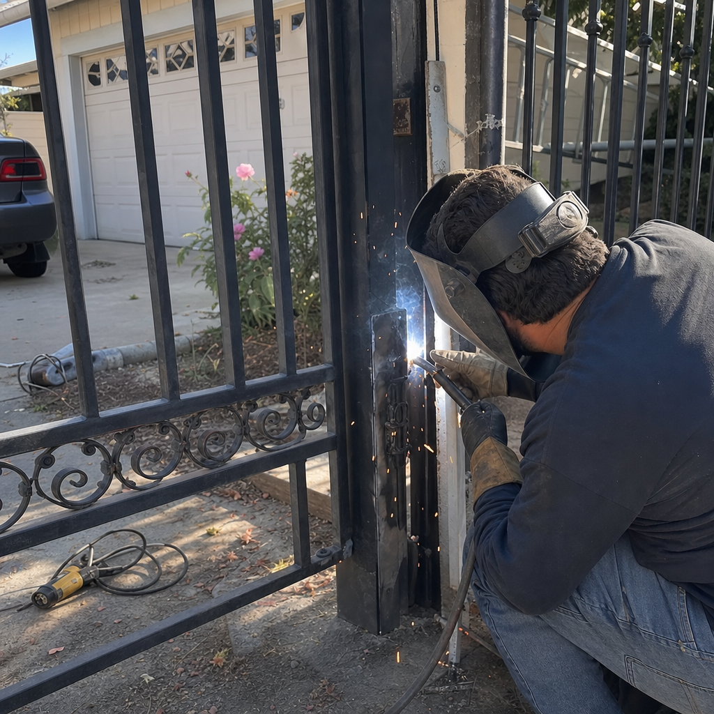 Welder repairing black metal gate with sparks in Sacramento, CA