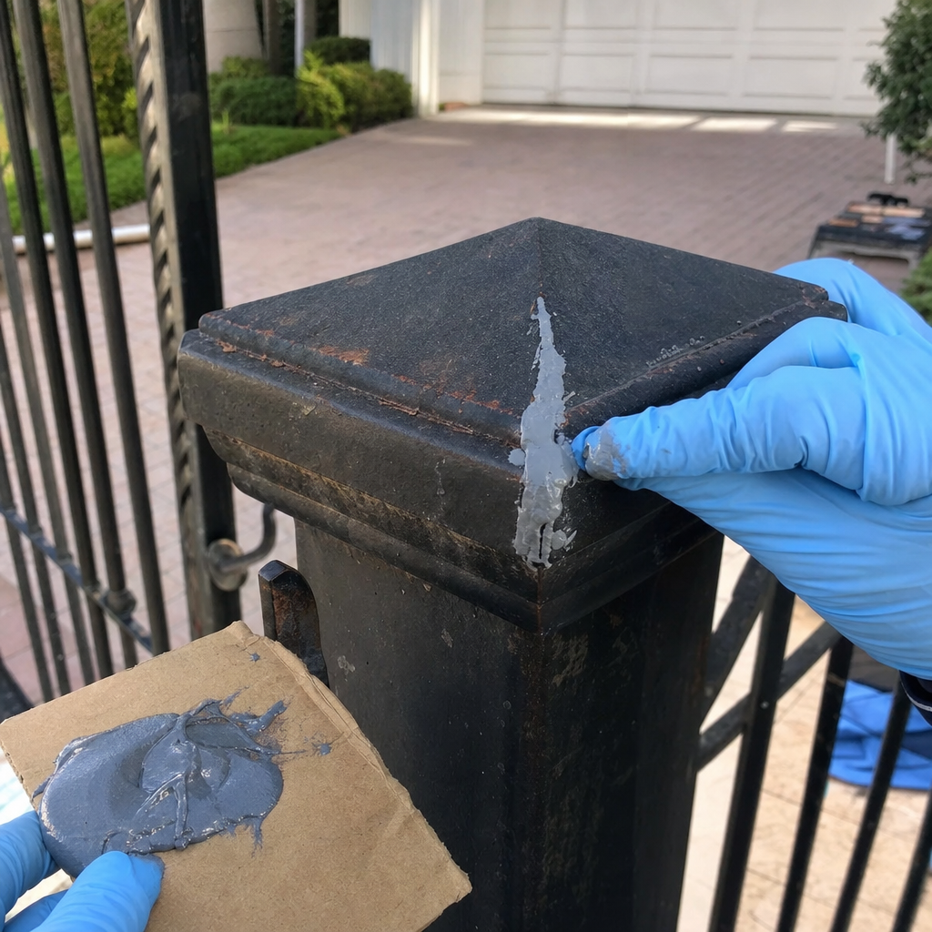 Gate repair professional applying putty to black metal gate post. in Sacramento, CA